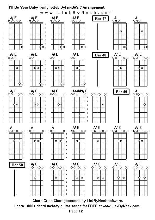 Chord Grids Chart of chord melody fingerstyle guitar song-I'll Be Your Baby Tonight-Bob Dylan-BASIC Arrangement,generated by LickByNeck software.